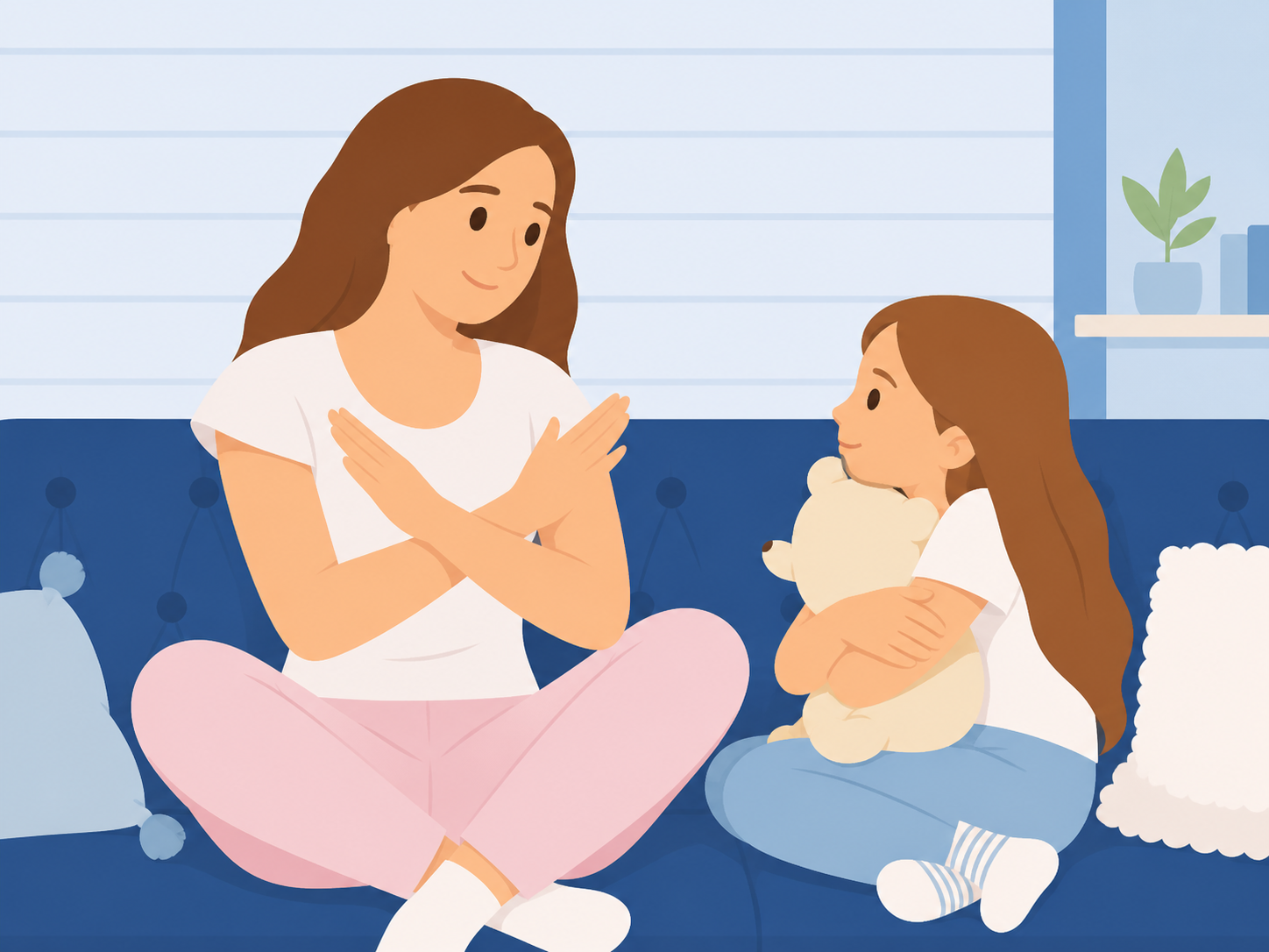 Mentor communicating with child on couch